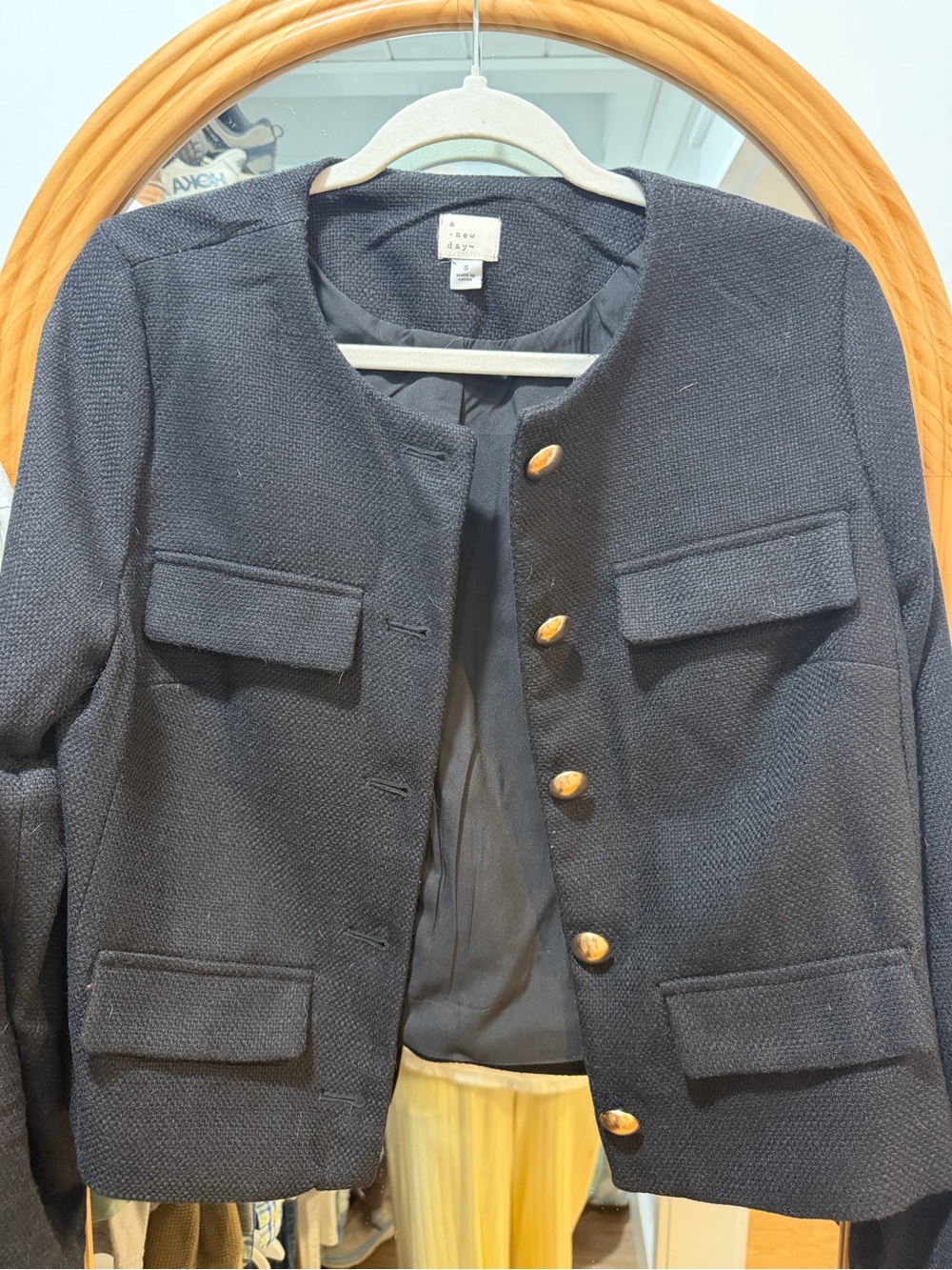 A New Day Black Textured Tweed Collarless Jacket with Gold Buttons